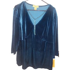 NWT Notations Teal Party Velvet Blouse beads Sz 2X